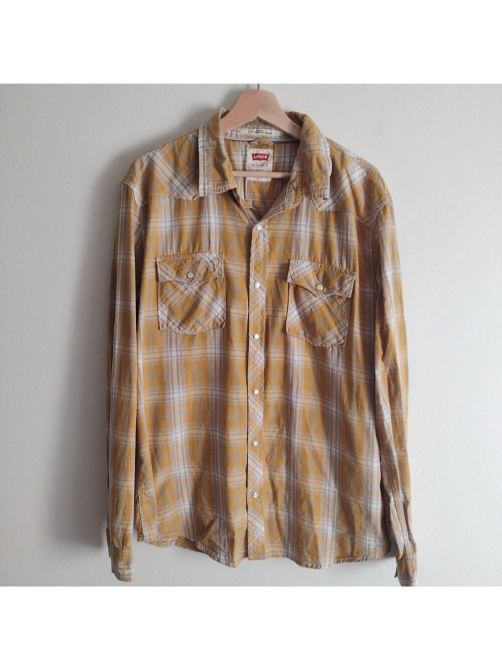 Levi's Mens Western Shirt XL Yellow Plaid Pearl Snap Dual Pocket - Picture 11 of 11